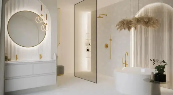 Nowoczesna łazienka z wolnostojącą wanną i podwójną umywalką. Złote baterie i dekoracje dodają elegancji. Idealna inspiracja, jaka umywalka do łazienki.