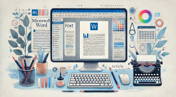 Komputer z programem Microsoft Word, klawiatura, myszka, przybory do pisania i maszyna do pisania. Widoczny podział sekcji Word.