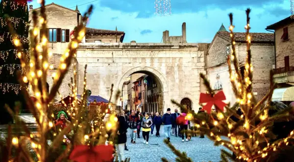 Luci natalizie illuminano un'antica piazza a Senigallia, con persone che passeggiano tra alberi addobbati. Atmosfera magica di Natale.