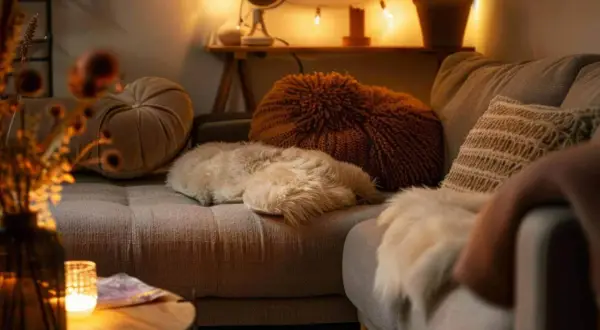 Gemütliches, kleines Schlafzimmer, dunkel und warm beleuchtet. Ein Sofa mit vielen Kissen und Decken lädt zum Entspannen ein.