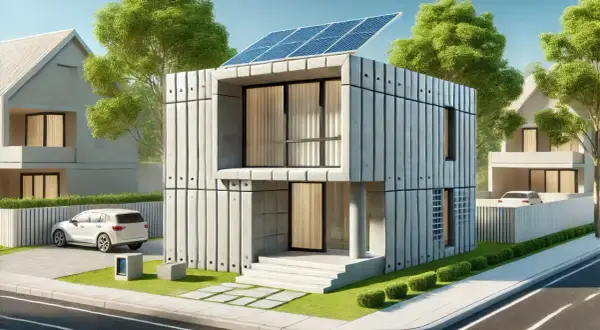 Una moderna casa costruita con stampante 3d, con pannelli solari sul tetto, un'auto bianca parcheggiata e un vialetto in cemento.
