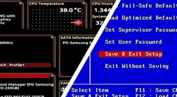 Ekran BIOS/UEFI z informacjami o temperaturze CPU, napięciu, SATA i opcjami zapisu/wyjścia.