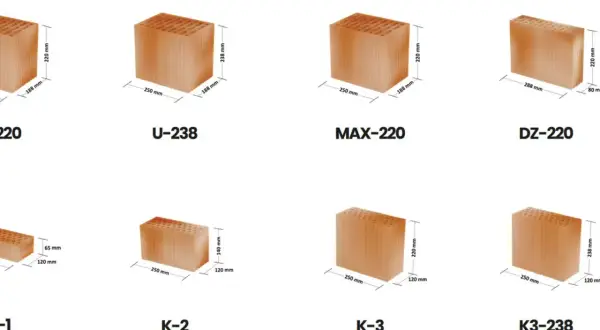 Różne modele bloczków wentylacyjnych z podanymi wymiarami, np. U-238 (250x188x238 mm), MAX-220 (250x188x220 mm).