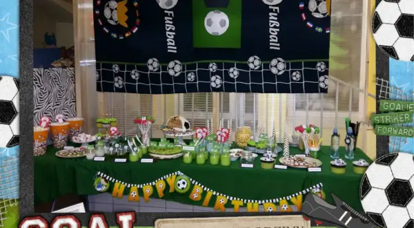 Stół z przekąskami na urodziny piłka nożna. Dekoracje w kształcie piłek, baner "Happy Birthday" i tort w kształcie piłki.