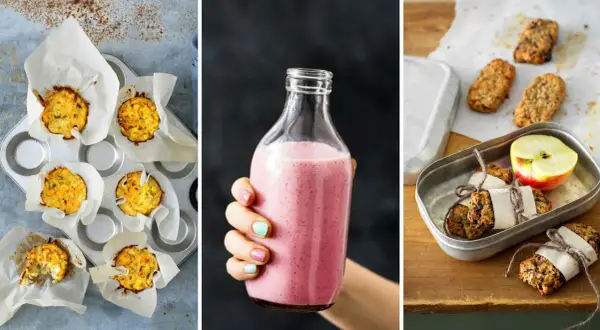 Små muffins, rosa smoothie och hembakade bars med äpple. Perfekta tamarisoja alternativ för en hälsosam fika.