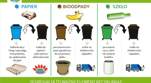 Ilustracja wyjaśnia, czemu segregujemy śmieci: papier na recykling lub paliwo, bioodpady na kompost, szkło na nowe słoiki/butelki.