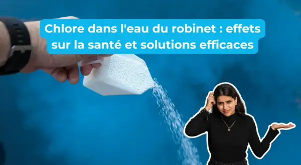 Une main verse du chlore en poudre. Une femme perplexe se gratte la tête. Le chlore dans l'eau du robinet : effets sur la santé et solutions.