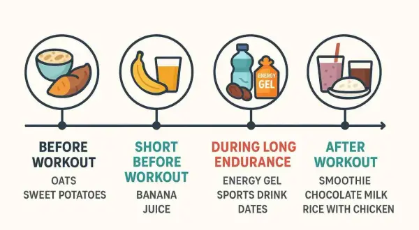 Grafik zeigt, was man vor, während und nach dem Training essen sollte. Schnelle Kohlenhydrate vor dem Training sind wichtig, z.B. Bananen.