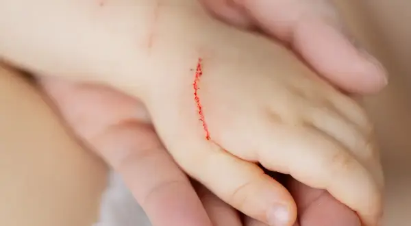 Dziecko ma zadrapanie po ugryzieniu przez kota. To może być początek choroby.