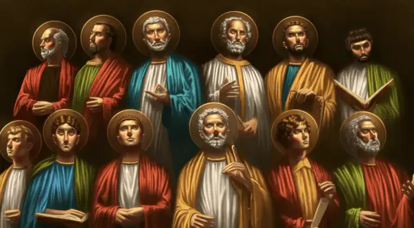 Grupa świętych z aureolami, przedstawiająca 12 apostołów w barwnych szatach, z księgami i gestami błogosławieństwa.
