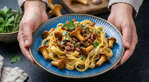 Talerz pełen tagliatelle z kurkami i boczkiem, ozdobiony natką pietruszki. Pyszne danie, które zachwyci każdego smakosza.