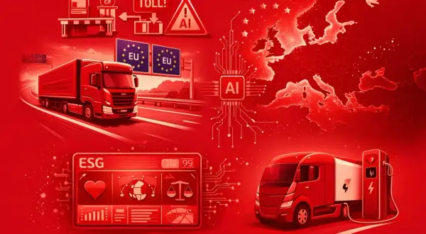 Ciężarówka na autostradzie, znak zakazu wyprzedzania dla ciężarówek, mapa Europy z AI, stacja ładowania pojazdów elektrycznych i wskaźniki ESG.