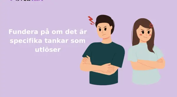 Två arga personer med armarna i kors. Texten lyder: "Fundera på om det specifika tankar som utlöser". Ett mår dåligt psykiskt test.