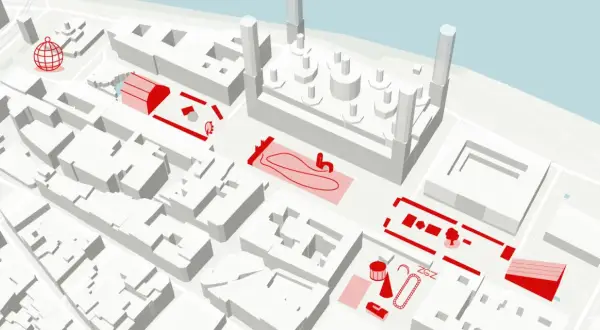 Mapa de la agenda cultural Zaragoza, con iconos rojos que señalan eventos y espacios de interés en un plano isométrico de la ciudad.