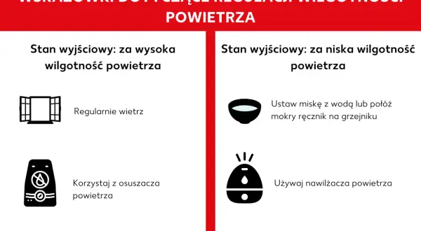 Wskazówki dotyczące regulacji wilgotności w domu: wietrz przy za wysokiej, używaj nawilżacza przy za niskiej.
