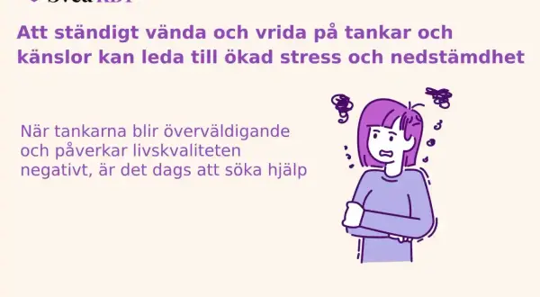 En person med armarna i kors och oroliga tankesnurror runt huvudet. Texten beskriver hur negativa tankar kan leda till stress och att KBT kan hjälpa.
