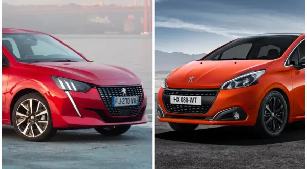 Dwa Peugeot 208, czerwony i pomarańczowy, prezentują swoje przednie części. Wiele osób szuka peugeot 208 opinie przed zakupem.
