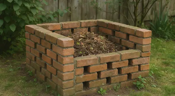 Solidny kompostownik murowany z cegły, wypełniony resztkami organicznymi, stanowi serce ogrodu.