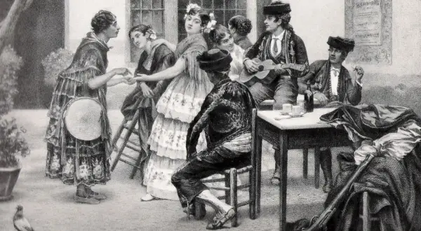 Un grupo de personas celebra, con música y baile, quizás así se gestó quien creo el flamenco.