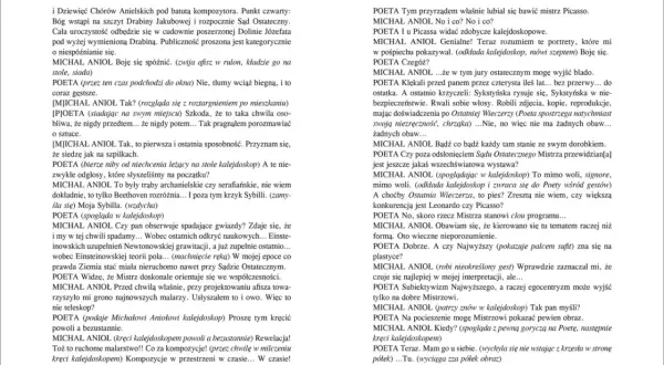 Fragment tekstu z książki "Miron Białoszewski Kalejdoskop", dialog między poetą a Michałem Aniołem o sztuce i inspiracjach.