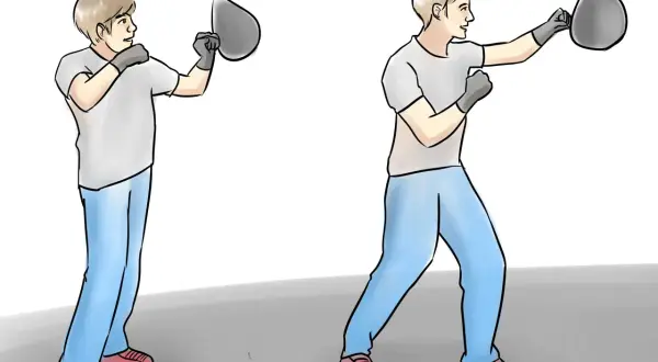 Two figures demonstrate how to hit a speed bag, showing proper stance and punching technique.