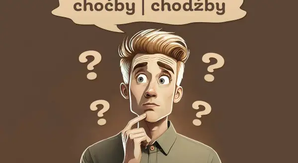 Zastanawia się, **choć czy chodź**? Wokół niego unoszą się znaki zapytania, symbolizujące jego wątpliwości językowe.