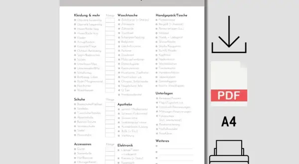 Eine au pair packliste mit Kategorien wie Kleidung, Schuhe, Waschtasche, Handgepäck, Apotheke und Elektronik.