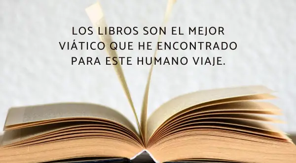 Un libro abierto con la cita "Los libros son el mejor viático que he encontrado para este humano viaje". Inspiración para frases del Día del Libro para niños.