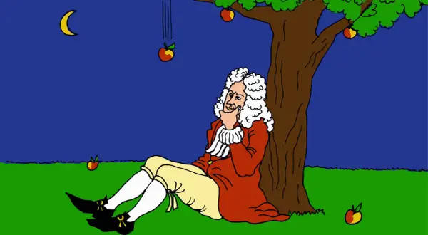 Isaac Newton sitzt unter einem Baum, während ein Apfel fällt. Dies inspirierte sein neuestonsches Gravitationsgesetz.