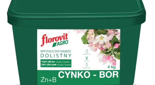 Zielony pojemnik z nawozem dolistnym Florovit Cynko-Bor. Opakowanie zawiera 4 kg produktu, który dostarcza roślinom bor i cynk, wspierając ich wzrost w sadownictwie, rolnictwie i warzywnictwie.