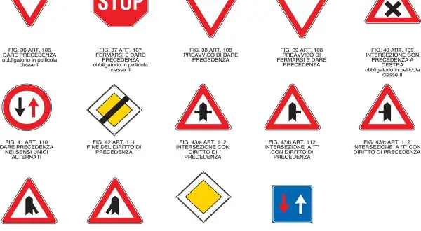 Una raccolta di segnali di prescrizione stradale, tra cui STOP, dare precedenza, intersezioni e diritto di precedenza.