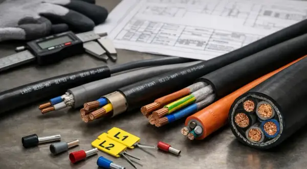 Różne kable elektryczne, złączki i oznaczenia L1, L2. Widać też suwmiarkę i rękawice, sugerujące pracę z elektrycznością i skróty kolorów kabli po angielsku.