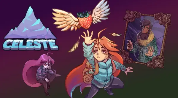 Grafika z gry Celeste: Madeline wspina się, a obok siedzi jej mroczna wersja. W tle latają skrzydlate truskawki i odbicie w lustrze.
