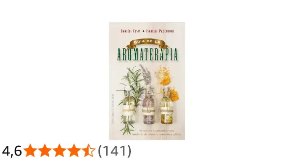 Libro "Guía de la Aromaterapia" con frascos de aceites esenciales y hierbas. Aprende qué son los aceites esenciales y cómo usarlos.