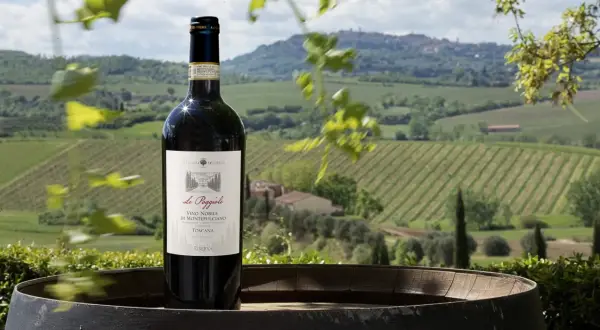 Bottiglia di vino nobile di Montepulciano DOCG su un barile, con vigneti e colline toscane sullo sfondo.