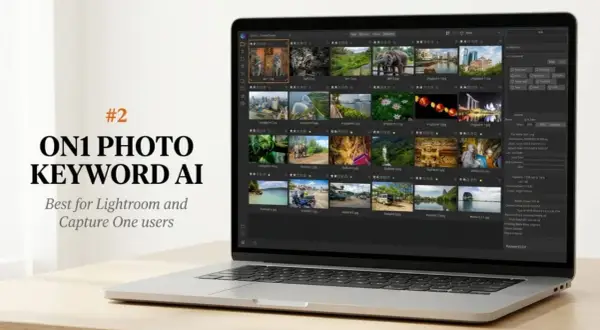 Laptop displaying ON1 Photo Keyword AI, a free AI photo organizer, showcasing a grid of travel photos.