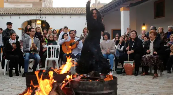 Bailarina flamenca actuando junto a hogueras, con guitarrista y público. Ambiente de villancicos flamencos jerezanos.