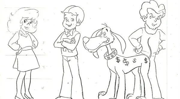 A Richie Rich drawing shows the boy, his girlfriend Gloria, and his dog Dollar, with another boy.