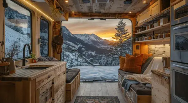 Intérieur d'un poid lourd aménagé avec une cuisine en bois, un coin salon confortable et une vue imprenable sur des montagnes enneigées au coucher du soleil.