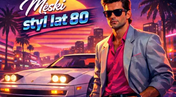 Męski styl lat 80. w neonowym mieście. Mężczyzna w różowej koszuli i marynarce obok sportowego auta.