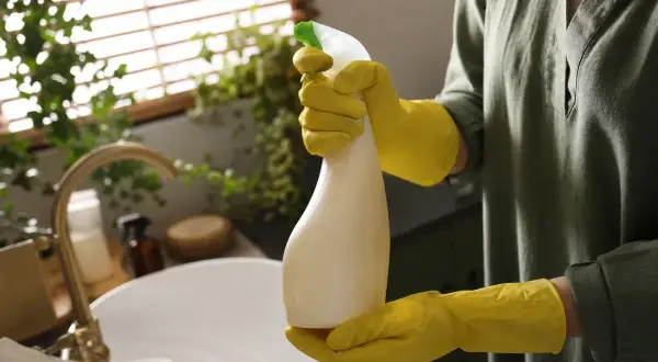 Gelbe Handschuhe halten eine Sprühflasche mit leicht vergilbtem Plastik.