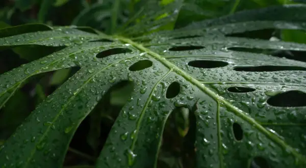 Kiedy monstera płacze, krople deszczu lśnią na jej zielonych, dziurawych liściach, tworząc naturalny, wilgotny obraz.