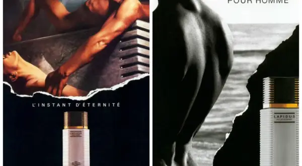 Dwie reklamy perfum Ted Lapidus Pour Homme. Na lewej, para w intymnej pozie, na prawej zbliżenie męskiego torsu.