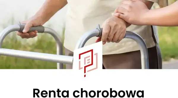 Osoba starsza z pomocą drugiej osoby porusza się przy użyciu chodzika. Temat: renta chorobowa.