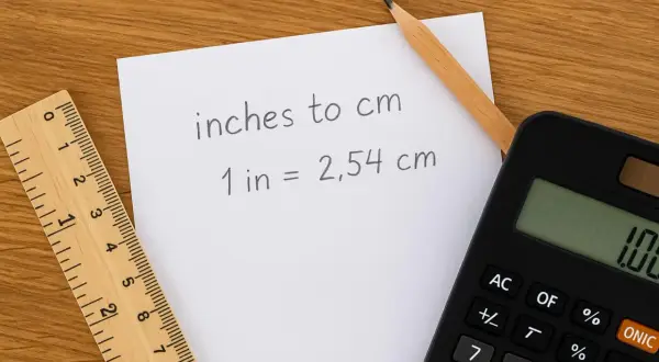 Notatka z kalkulatorem i linijką wyjaśnia, że cal to angielska jednostka długości równa 2,54 cm.