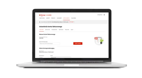 Ustawienia konta fakturowego w aplikacji Energa. Możliwość edycji nazwy konta i adresu korespondencyjnego.