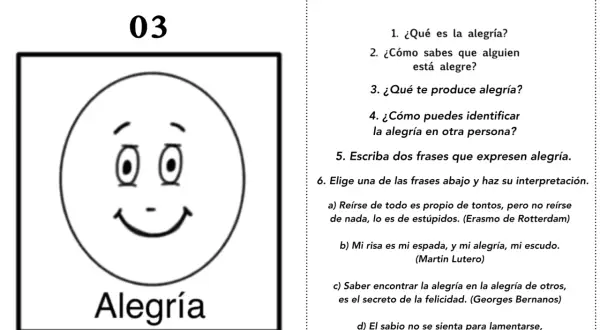 Juego de las Emociones con actividades para trabajar la alegría. Incluye preguntas y citas sobre la emoción.