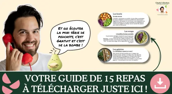 Un homme souriant tient un téléphone rouge. Des illustrations de bols, wraps et galettes suggèrent une alimentation équilibrée. Un guide de repas est à télécharger.