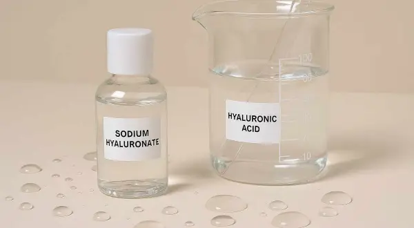 En flaska med sodium hyaluronate bredvid ett mätglas med hyaluronsyra. Vattendroppar ligger utspridda på ytan.