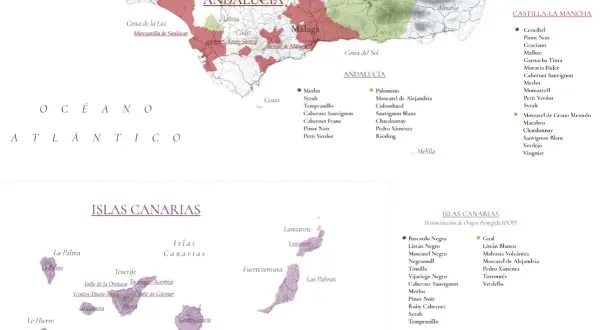 Mapa prezentująca regiony winiarskie Hiszpanii, w tym Andaluzję i Wyspy Kanaryjskie, z zaznaczonymi odmianami winogron.